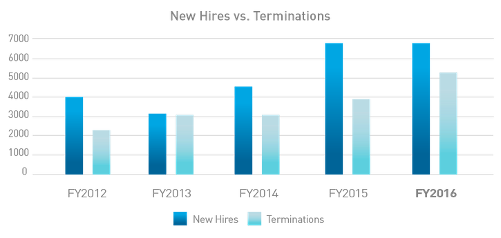 Graph of new hires vs. terminations over 5 years